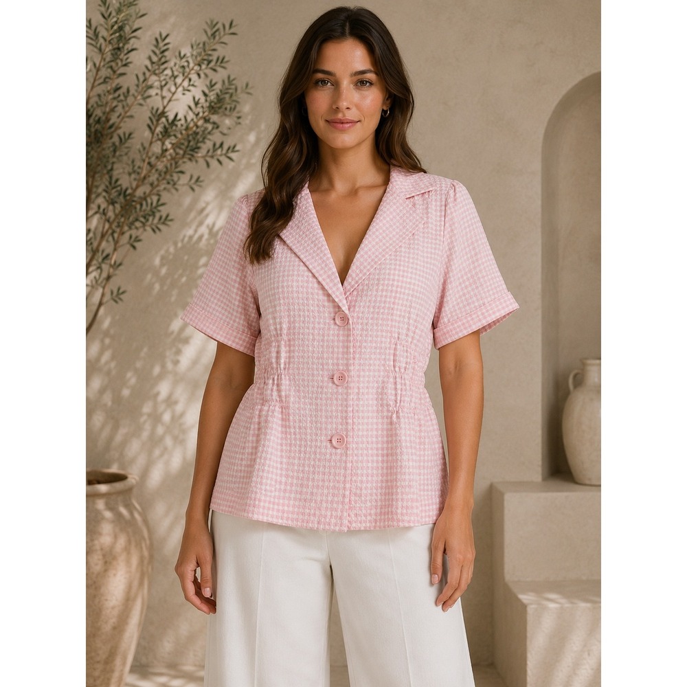 Joan Rivers Pink Gingham Seersucker Short Sleeve Blazer Smocked Waist Medium